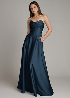 Azazie Meleena Robes de demoiselle d'honneur Robe Trapèze en Satin extensible Bustier Bleu Marine Foncé image1