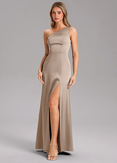 Azazie Phaedra Jurken voor bruidsmeisjes Jurk van Stretch Satijn met A-lijn One-shoulder Taupe image6