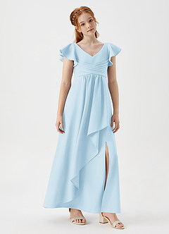 Azazie Omari Junior Sky Blue A-Line Pleated Stretch Crepe Dress image3
