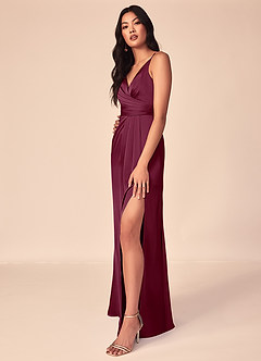 Azazie Aqua Bridesmaid Dresses Mulberry A-Line V-Neck Pleated Stretch Satin Dress image6