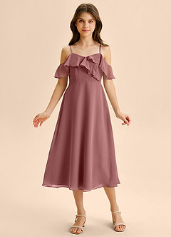 Azazie Kamilla Junior Abito A-Line in Chiffon a Spalla Scoperta Rosa Del Deserto image6