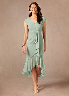 Azazie Renetta Mother of the Bride Dresses Dusty Sage Sheath V-Neck Pleated Mesh Dress image1