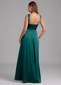 Azazie Rosaline Bridesmaid Dresses Peacock A-Line Side Slit Stretch Satin Dress image2