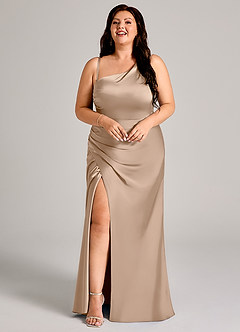 Azazie Madelyn Bridesmaid Dresses Taupe Mermaid One Shoulder Stretch Satin Convertible Dress image6