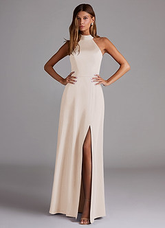 Azazie Myra Bridesmaid Dresses White Alabaster A-Line Side Slit Stretch Satin Dress image3