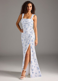 Azazie Jesaphine Bridesmaid Dresses Blue Cottage Floral Sheath Bow Chiffon Dress image1