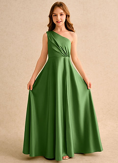 Azazie Puddles Girls Formal Flower Girl Dresses Basil A-Line One Shoulder Matte Satin Dress image5