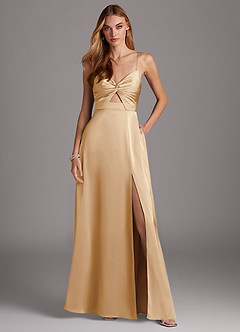 Azazie Jenna Bridesmaid Dresses Champagne A-Line Pleated Stretch Satin Dress image2