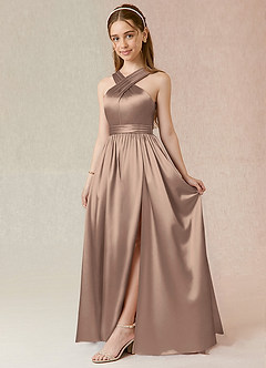 Azazie Jiya Junior Taupe A-Line Pleated Metallic Satin Dress image1
