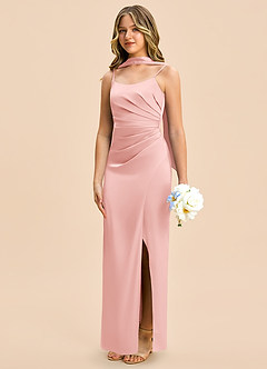 Azazie Calandra Junior Powder Pink Sheath Pleated Stretch Satin Dress image4