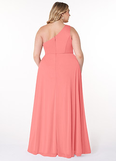 Azazie Brooke Bridesmaid Dresses Coral A-Line One Shoulder Mesh Dress image7