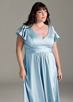 Azazie Omari Vestidos de damas de honor Vestido de Azul Cielo de Satén Elástico de Corte en A image13