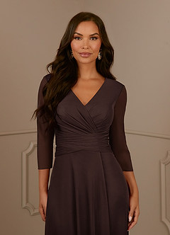 Azazie Annetta vestidos de madre de la novia Vestido de Ganache de Malla de Corte en A con Cuello en V Manga Larga image5