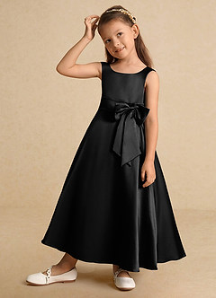 Azazie Lindy vestidos de niña de las flores Vestido de Negro de Satin Mate de Corte En A con Plisado image3