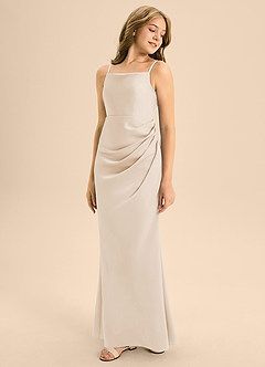 Azazie Renna Junior Jurk van Stretch Satijn met A-Lijn Geplooid Wit Albast image5