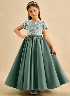 Azazie Cashew Flower Girl Dresses Eucalyptus Ball-Gown with Sleeves Matte Satin Dress image2