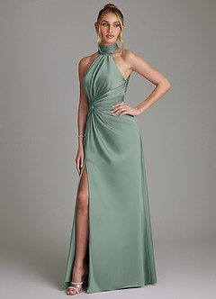 Azazie Gracelynn Bridesmaid Dresses Silver Sage Sheath Pleated Stretch Satin Dress image6