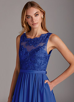 Azazie Elly Abiti da Damigella Abito A-Line in Chiffon Scollo a barchetta in pizzo Blu Reale image6