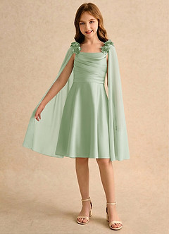 Azazie Resa Jurken voor bloemenmeisjes A-Lijn Jurk van Mat Satijn Geplooid Stoffige Salie image3