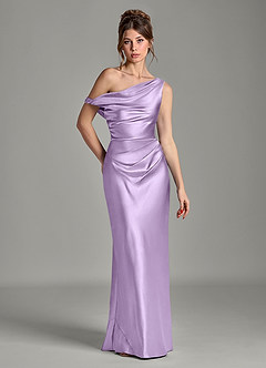 Azazie Emerson Bridesmaid Dresses Lilac Mermaid Off the Shoulder Metallic Satin Dress image1