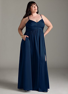 Azazie Alia Brudtärnklänningar Klänning av A-Line i Stretch Satin Plisserad Mörk Marinblå image11