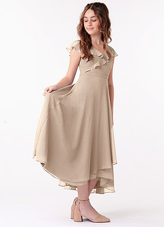 Azazie Posie Junior Taupe A-Line Ruched Chiffon Dress image1