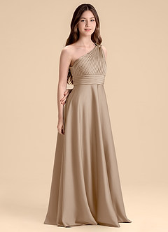 Azazie Charlize Junior Taupe A-Line Pleated Stretch Satin Dress image3