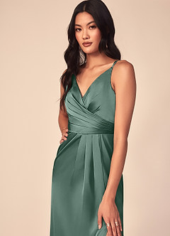 Azazie Aqua Bridesmaid Dresses Eucalyptus A-Line V-Neck Pleated Stretch Satin Dress image6