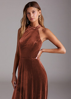 Azazie Larice Bridesmaid Dresses Terracotta A-Line with Pockets Velvet Dress image5