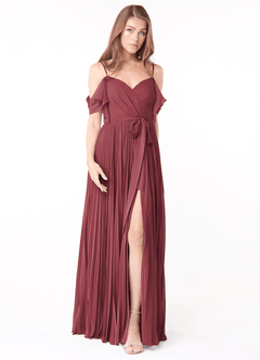 Azazie Lyney Bridesmaid Dresses Merlot A-Line Off the Shoulder Chiffon Dress image1