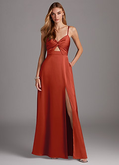 Azazie Jenna Robes de demoiselle d'honneur Robe Trapèze en Satin extensible Plissée Rouille image2