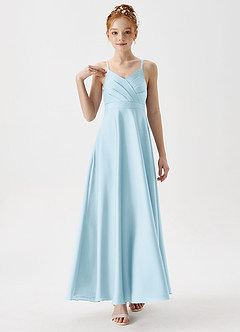 Azazie Avelina Junior A-Linie Plissee Stretch-Satin Kleid Himmelblau image4