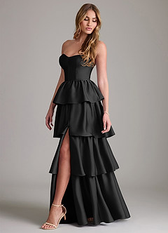 Azazie Faye Bridesmaid Dresses Black A-Line Ruched Stretch Satin Dress image3