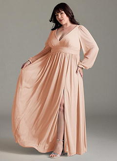 Azazie Norah Bridesmaid Dresses English Rose A-Line V-Neck Long Sleeve Chiffon Dress image10