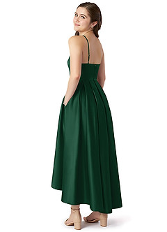 Azazie Jemima Junior Vestido de Verde Oscuro de Satén Elástico de Corte En A con Con bolsillos image5