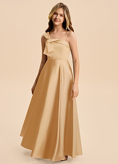 Azazie Aria Junior Vestido de Oro de Satén Elástico de Corte en A con Plisado image6