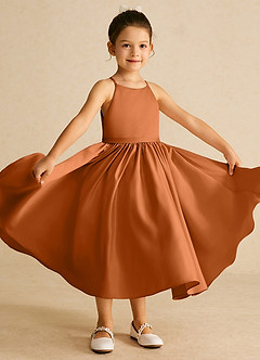 Azazie Sunray Flower Girl Dresses Copper A-Line Spaghetti Strap Matte Satin Dress image2
