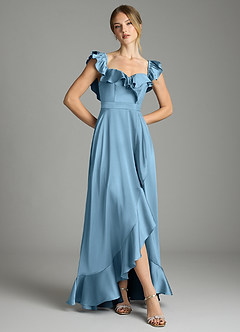 Azazie Lyra Bridesmaid Dresses Steel Blue A-Line Off the Shoulder Stretch Satin Convertible Dress image3
