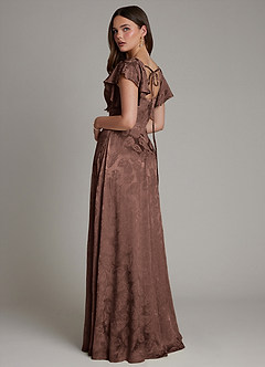 Azazie Keya Probar vestidos en casa Vestido de Jacquard De Chocolate de Jacquard de Corte en A con Volante image4