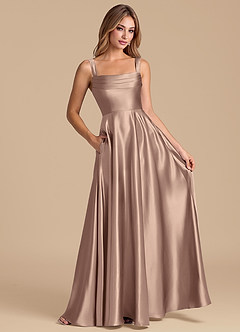 Azazie Shaude 신부 들러리 드레스 A라인 주름진 메탈릭 새틴 바닥 길이 드레스 image3