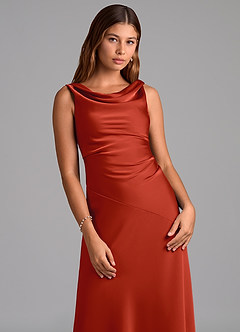 Azazie Nerine Brudtärnklänningar Klä av A-Linje i Stretch Satin Plisserad Rost image6