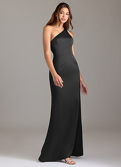 Azazie Arleth Bridesmaid Dresses Black A-Line One Shoulder Stretch Satin Dress image4