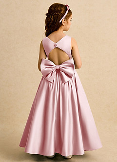 Azazie Nellia Robe Demoiselle D'honneur Fillette Robe Trapèze en Mat Satiné Nœud Rose Poudré image1