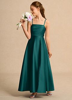 Azazie Pebbles Junior Formal Flower Girl Dresses Peacock A-Line Pleated Matte Satin Dress image4