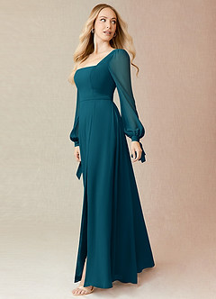 Azazie Leonia Robes de demoiselle d'honneur Robe Trapèze en Mousseline de soie Manche longue Bleu Encre image4