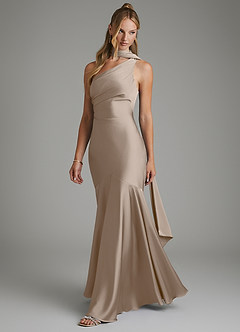 Azazie Amara Vestidos de damas de honor Vestido Gris Pardo de Satén Elástico de Corte Sirena con Un hombro image5