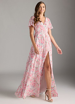 Azazie Kimber Bridesmaid Dresses Abstract Watercolor Floral A-Line Flounce Sleeve Chiffon Dress image4
