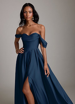 Azazie Loisa Abiti da Damigella Abito A-Line in Raso Elasticizzato a Spalla Scoperta Marino Scuro image5