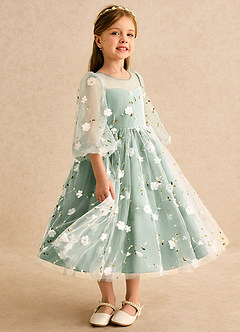 Azazie Elowen Blumenmädchenkleider A-Linie Herzausschnitt Spitze Kleid Matcha image4