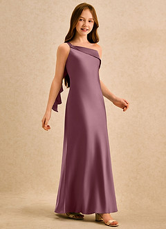 Azazie Almond Girls Formal Jurken voor bloemenmeisjes Kokerjurk Jurk van Stretch Satijn One-shoulder Amethist image5